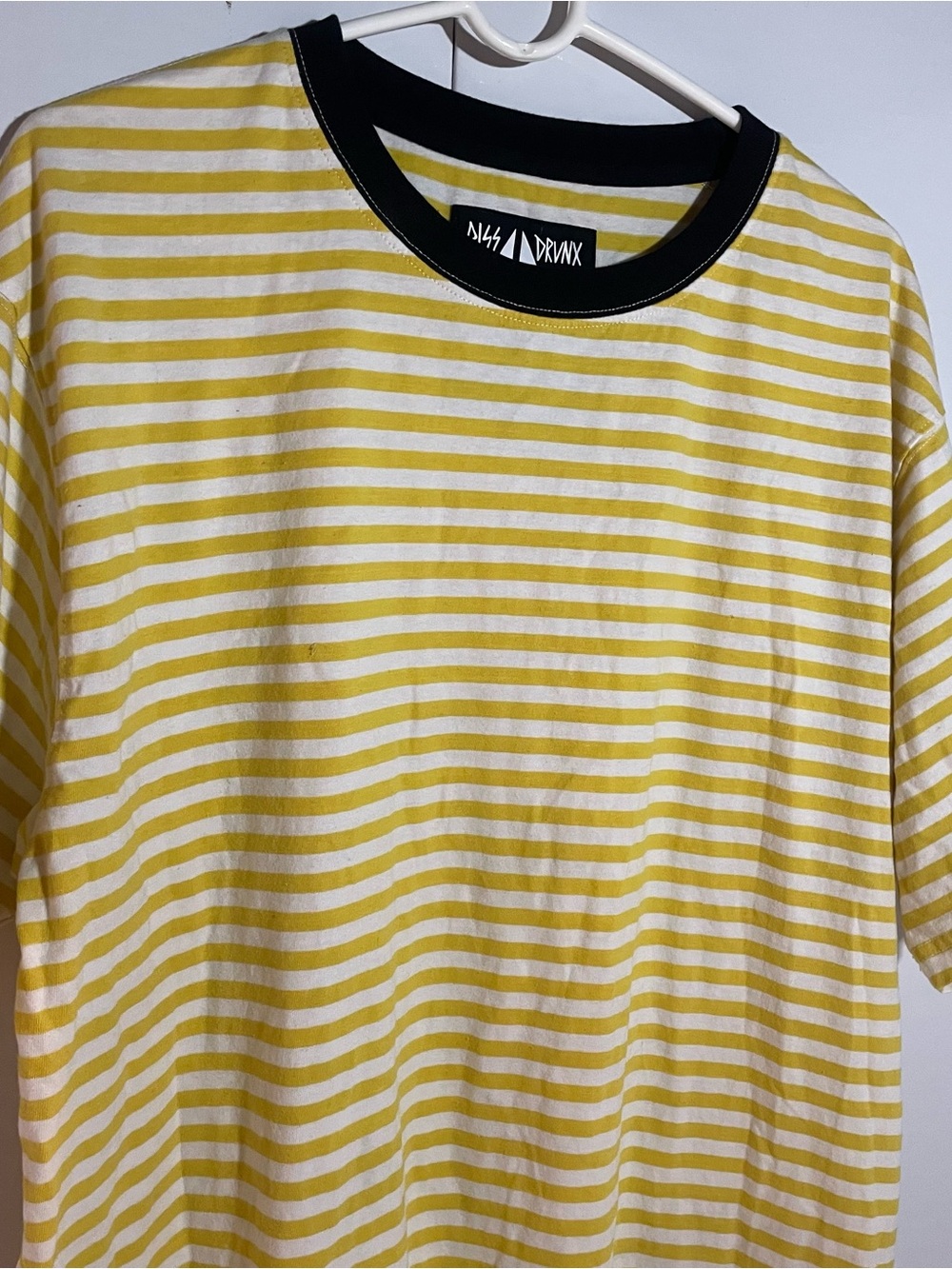 PISS DRUNX DUSTIN DOLIN Yellow & White Striped Tee with Black Rib Collar